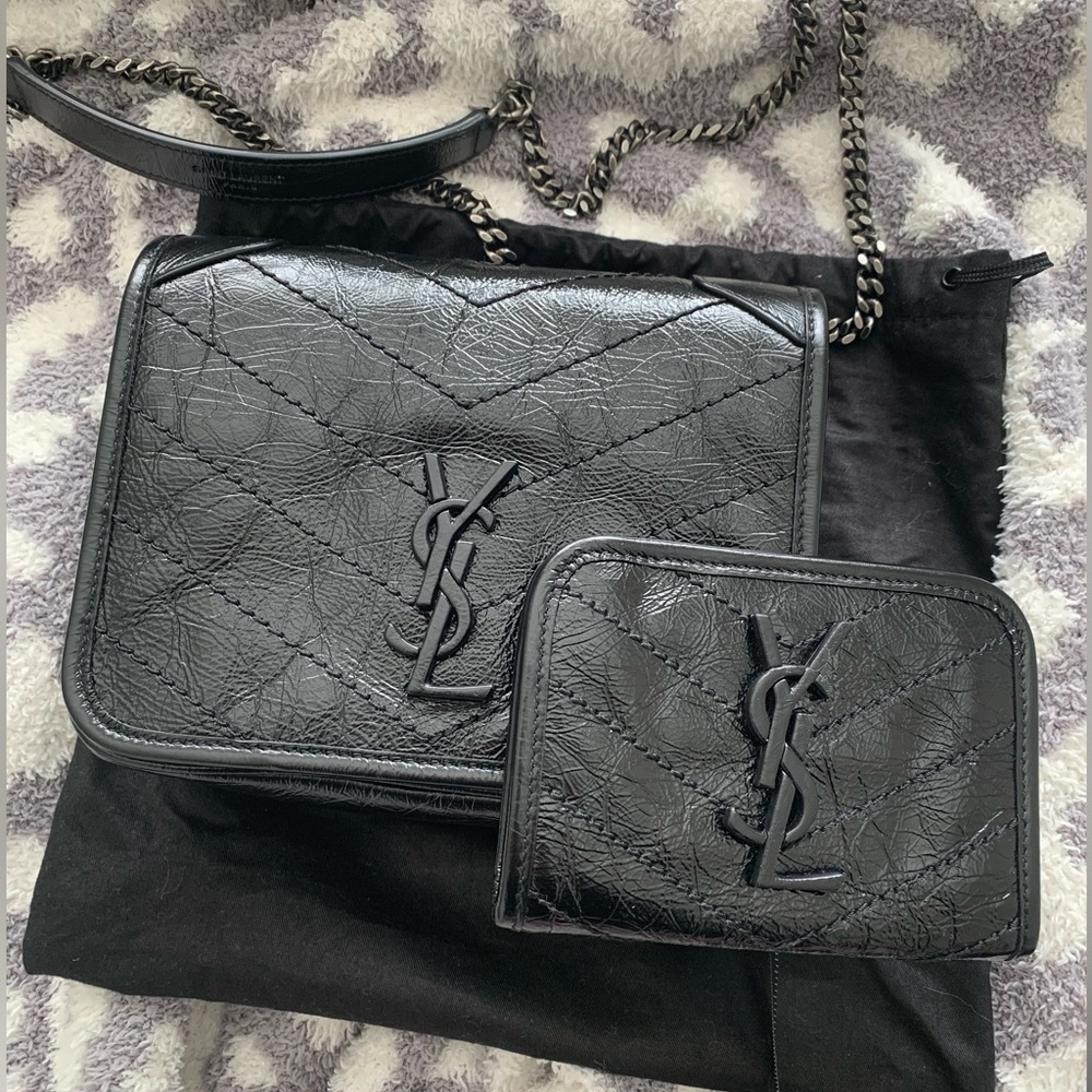 Saint Laurent Black Crinkled Calfskin Niki Chain Wallet